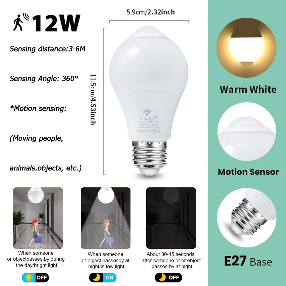 4PCS 20W 18W 15W 12W 9W 6WLampada LED E27 Radar Motion Sensor Light Bulb 189-265V Infrared Detection Smart Lamp Working in Night