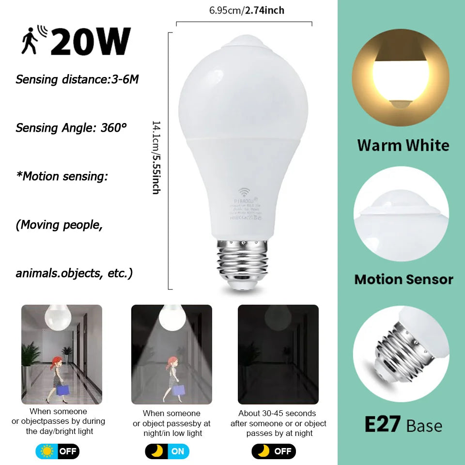 4PCS 20W 18W 15W 12W 9W 6WLampada LED E27 Radar Motion Sensor Light Bulb 189-265V Infrared Detection Smart Lamp Working in Night
