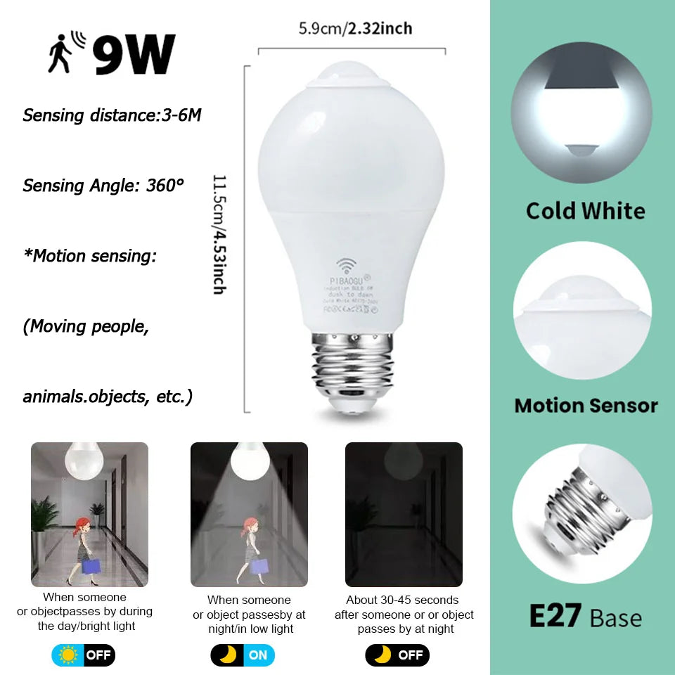 4PCS 20W 18W 15W 12W 9W 6WLampada LED E27 Radar Motion Sensor Light Bulb 189-265V Infrared Detection Smart Lamp Working in Night