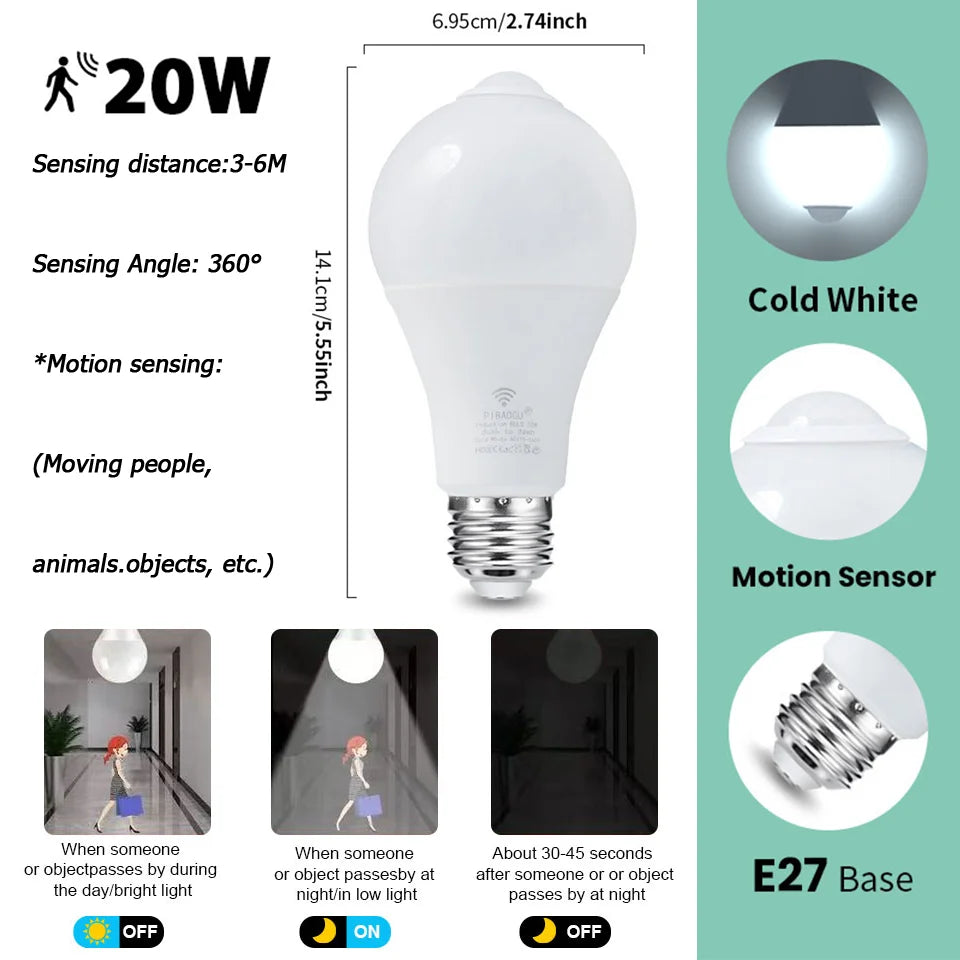 4PCS 20W 18W 15W 12W 9W 6WLampada LED E27 Radar Motion Sensor Light Bulb 189-265V Infrared Detection Smart Lamp Working in Night