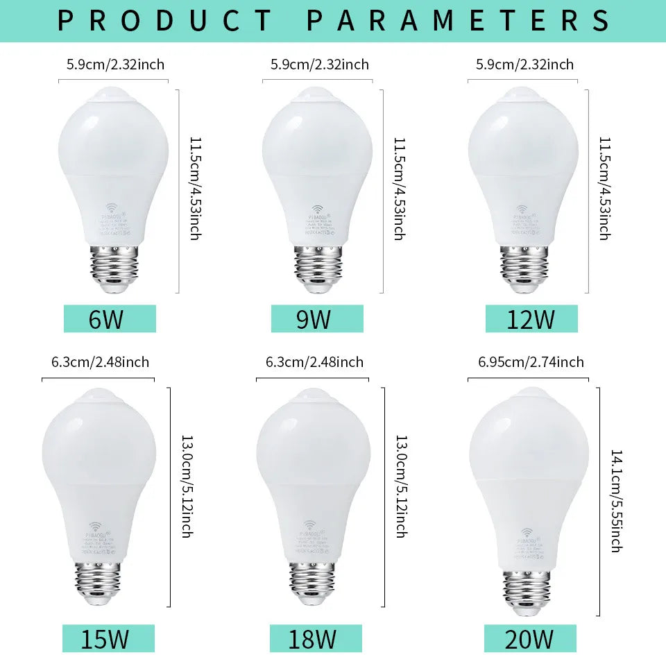 4PCS 20W 18W 15W 12W 9W 6WLampada LED E27 Radar Motion Sensor Light Bulb 189-265V Infrared Detection Smart Lamp Working in Night