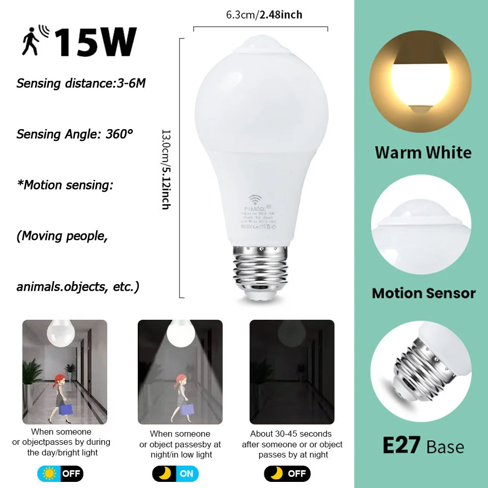 4PCS 20W 18W 15W 12W 9W 6WLampada LED E27 Radar Motion Sensor Light Bulb 189-265V Infrared Detection Smart Lamp Working in Night
