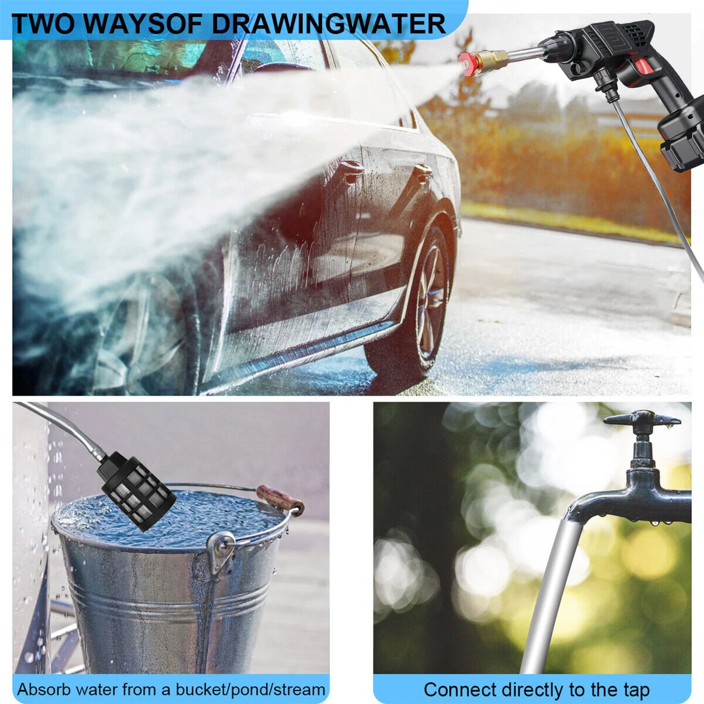 Cordless Pressure Washer Electric High Pressure Power Car Washer Gun 450w Two1200mah Battery and Charger for Car Garden Home