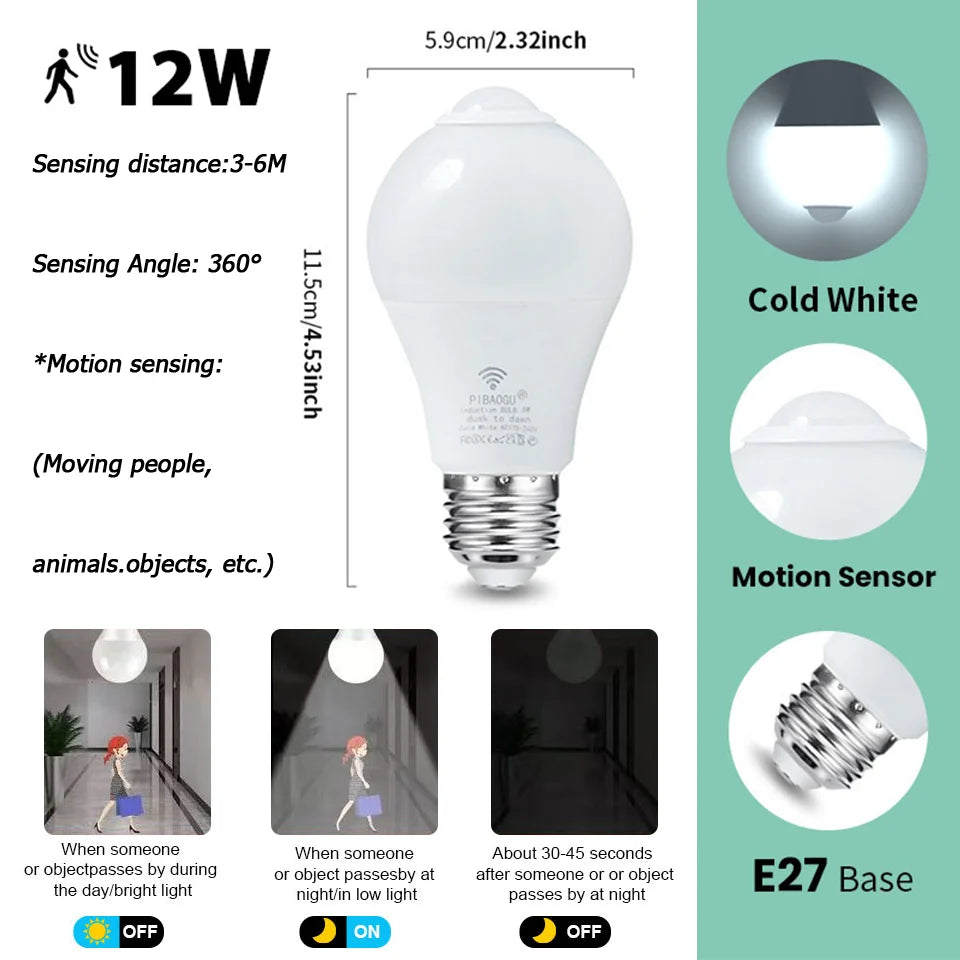 4PCS 20W 18W 15W 12W 9W 6WLampada LED E27 Radar Motion Sensor Light Bulb 189-265V Infrared Detection Smart Lamp Working in Night