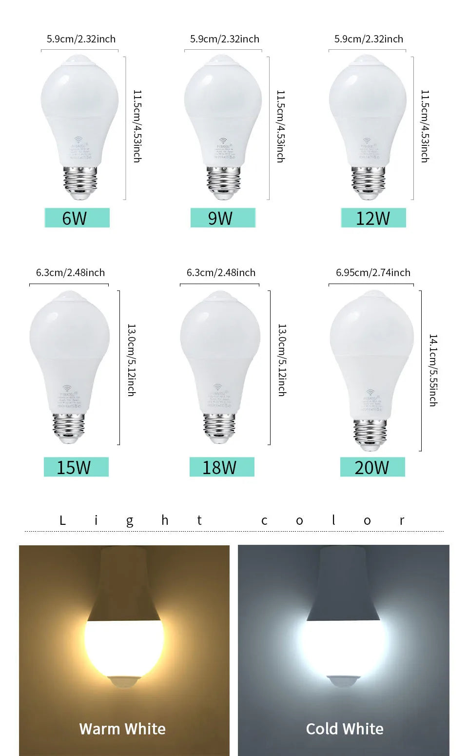 4PCS 20W 18W 15W 12W 9W 6WLampada LED E27 Radar Motion Sensor Light Bulb 189-265V Infrared Detection Smart Lamp Working in Night