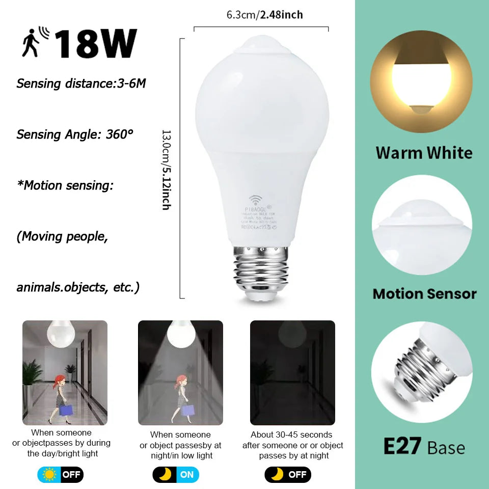 4PCS 20W 18W 15W 12W 9W 6WLampada LED E27 Radar Motion Sensor Light Bulb 189-265V Infrared Detection Smart Lamp Working in Night