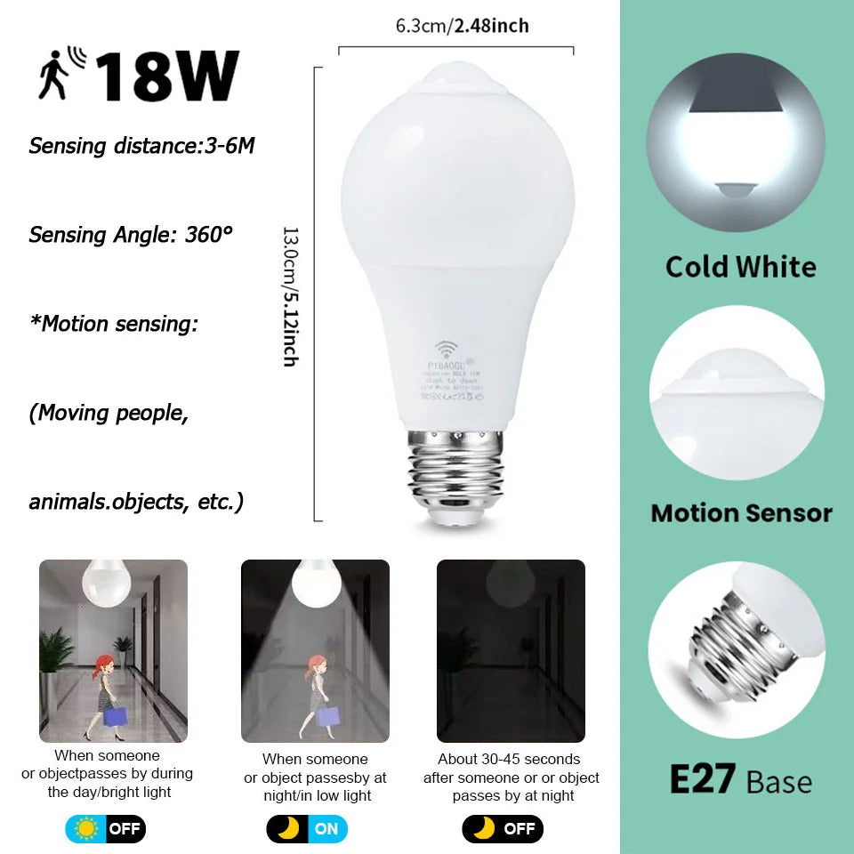4PCS 20W 18W 15W 12W 9W 6WLampada LED E27 Radar Motion Sensor Light Bulb 189-265V Infrared Detection Smart Lamp Working in Night