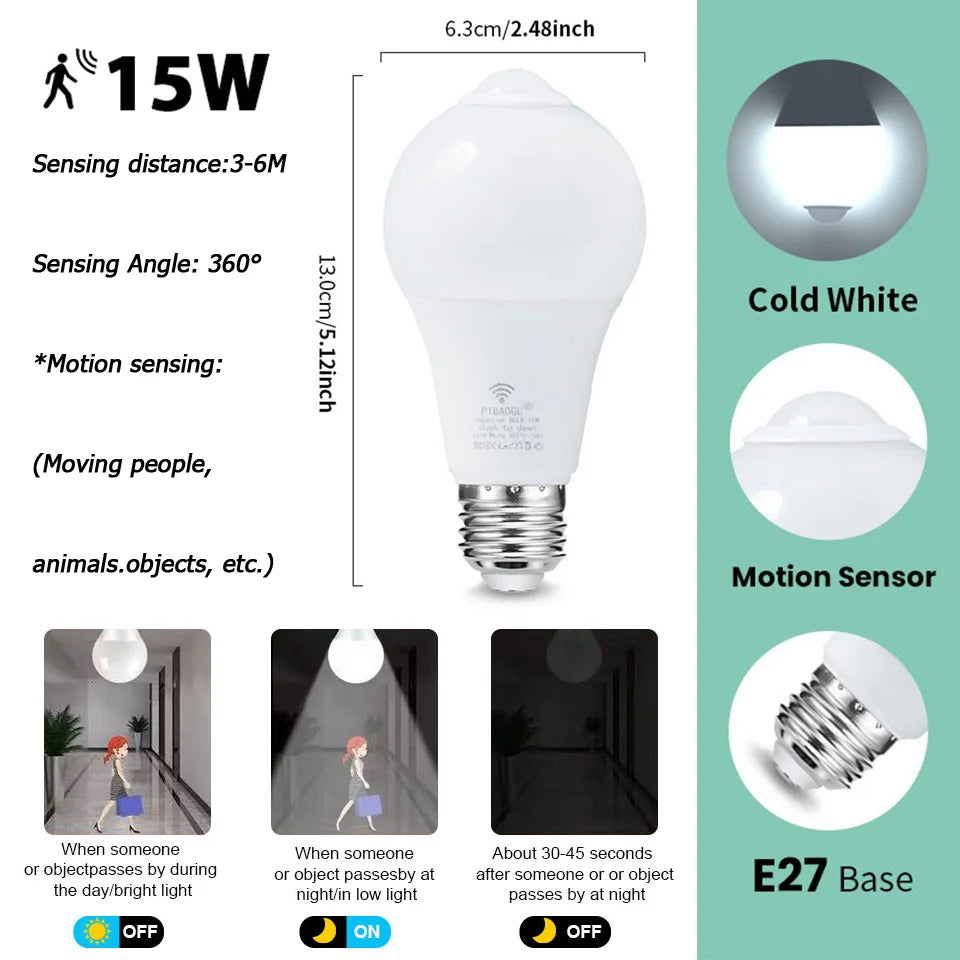 4PCS 20W 18W 15W 12W 9W 6WLampada LED E27 Radar Motion Sensor Light Bulb 189-265V Infrared Detection Smart Lamp Working in Night