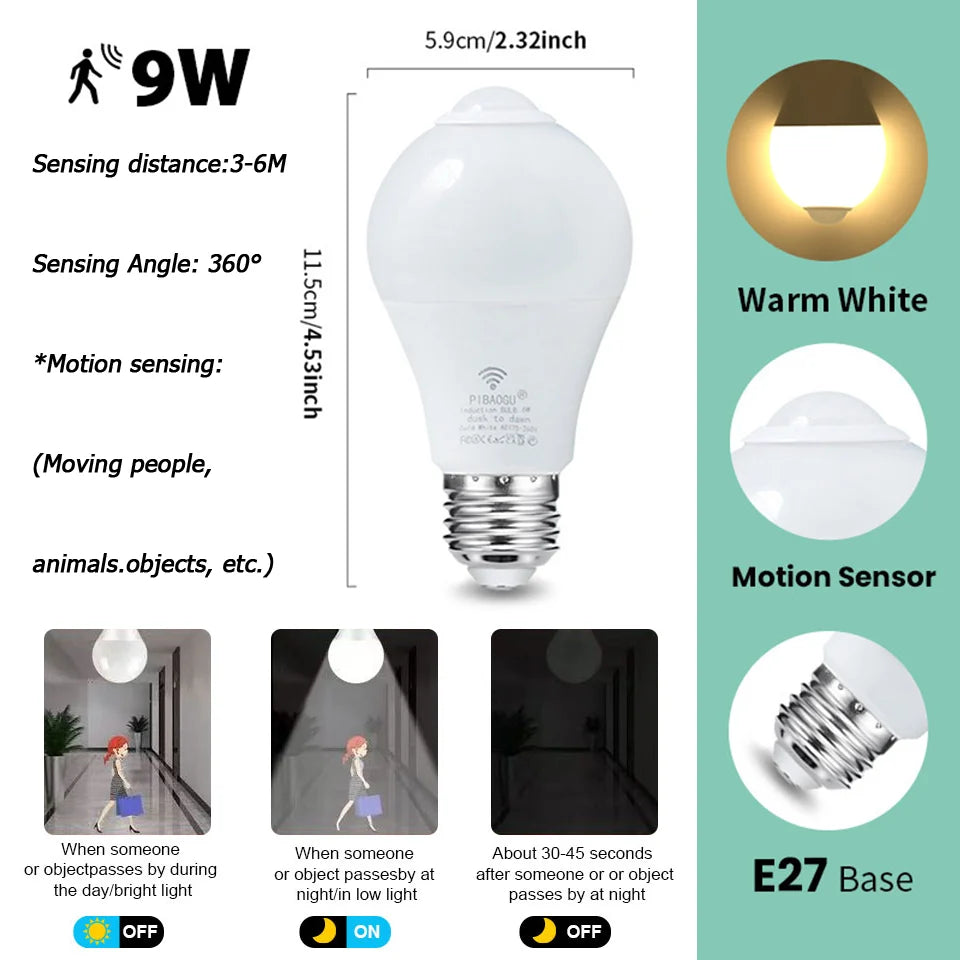 4PCS 20W 18W 15W 12W 9W 6WLampada LED E27 Radar Motion Sensor Light Bulb 189-265V Infrared Detection Smart Lamp Working in Night