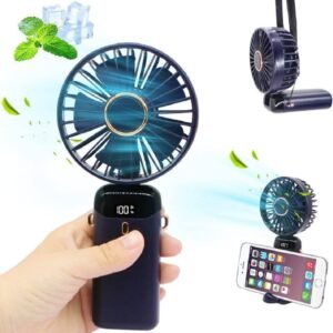 Mini Rechargeable Fold Fan - Portable Neck Hanging Fan with 5 Speeds, USB Rechargeable, Phone Stand & Display Screen
